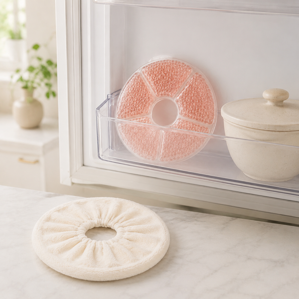 Blush gel comfort pack chilled in a refrigerator with sleeve nearby