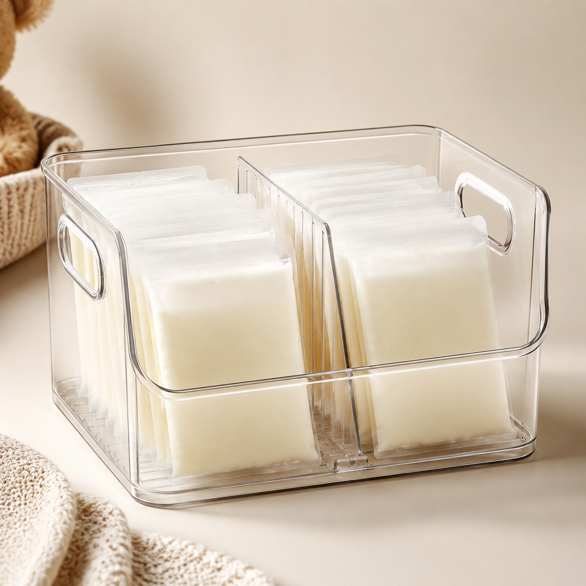 Clear stackable breastmilk freezer organizer with removable divider