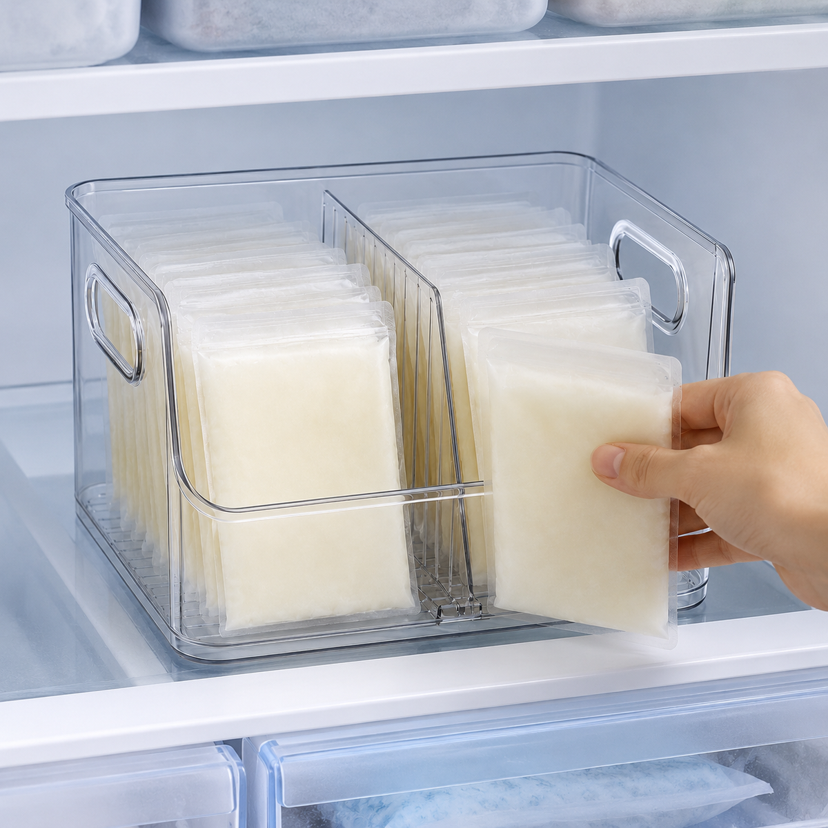 Breastmilk storage bags arranged upright in a freezer organizer