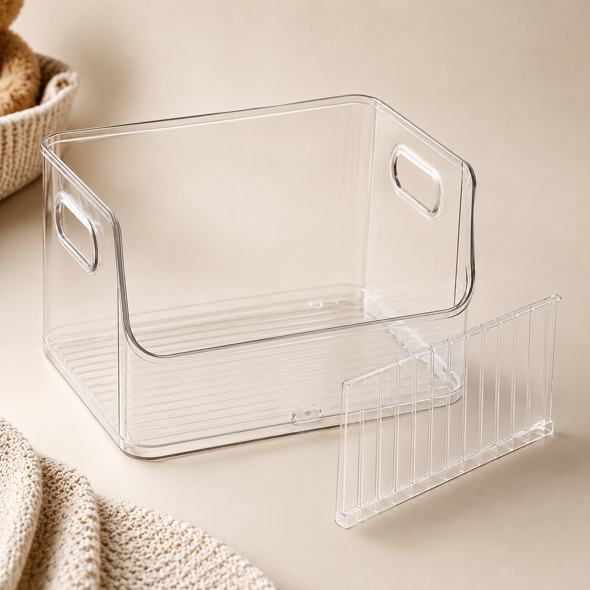 Front access slot, side handles, ribbed base, and adjustable divider
