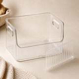 Front access slot, side handles, ribbed base, and adjustable divider