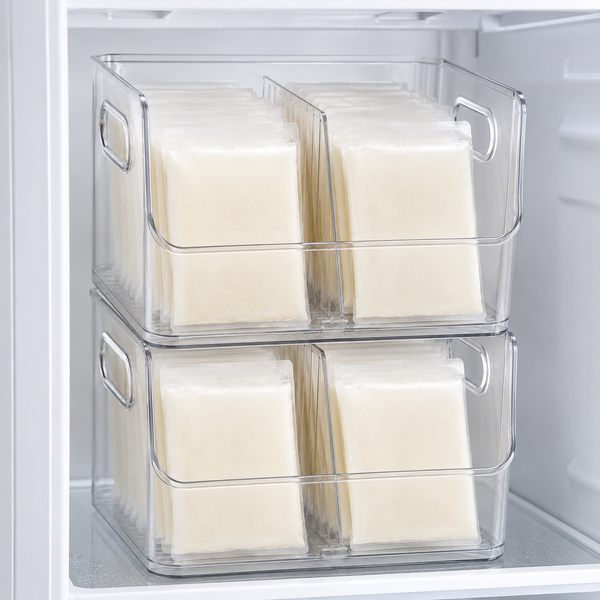 Two breastmilk freezer organizers stacked on a stable freezer shelf