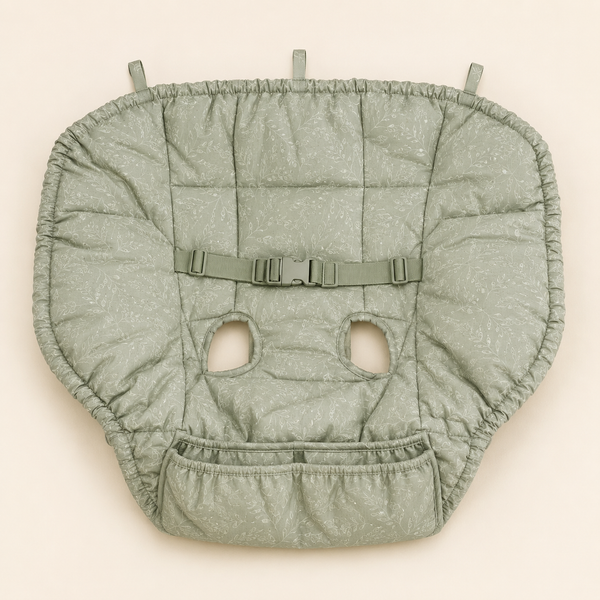 Quilted sage leaf shopping cart and high chair cover spread flat