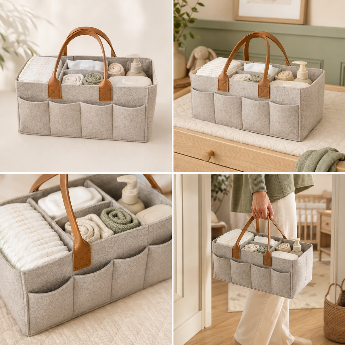 Portable felt baby diaper caddy organizer with removable dividers and carry handles