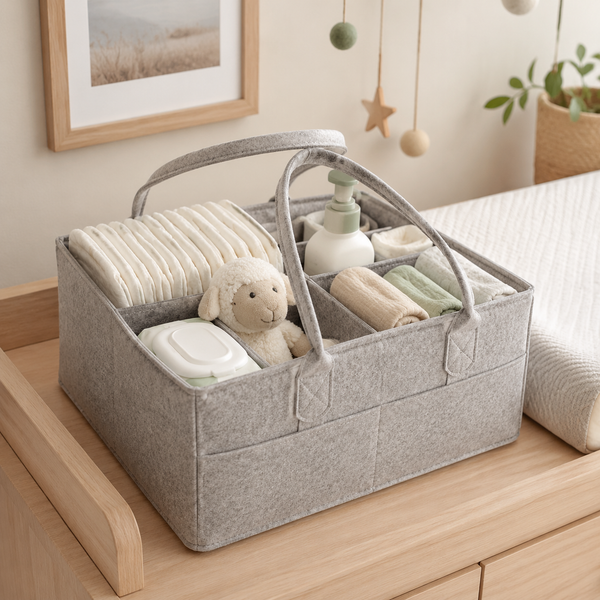 Oatmeal gray diaper caddy organized on a nursery changing table