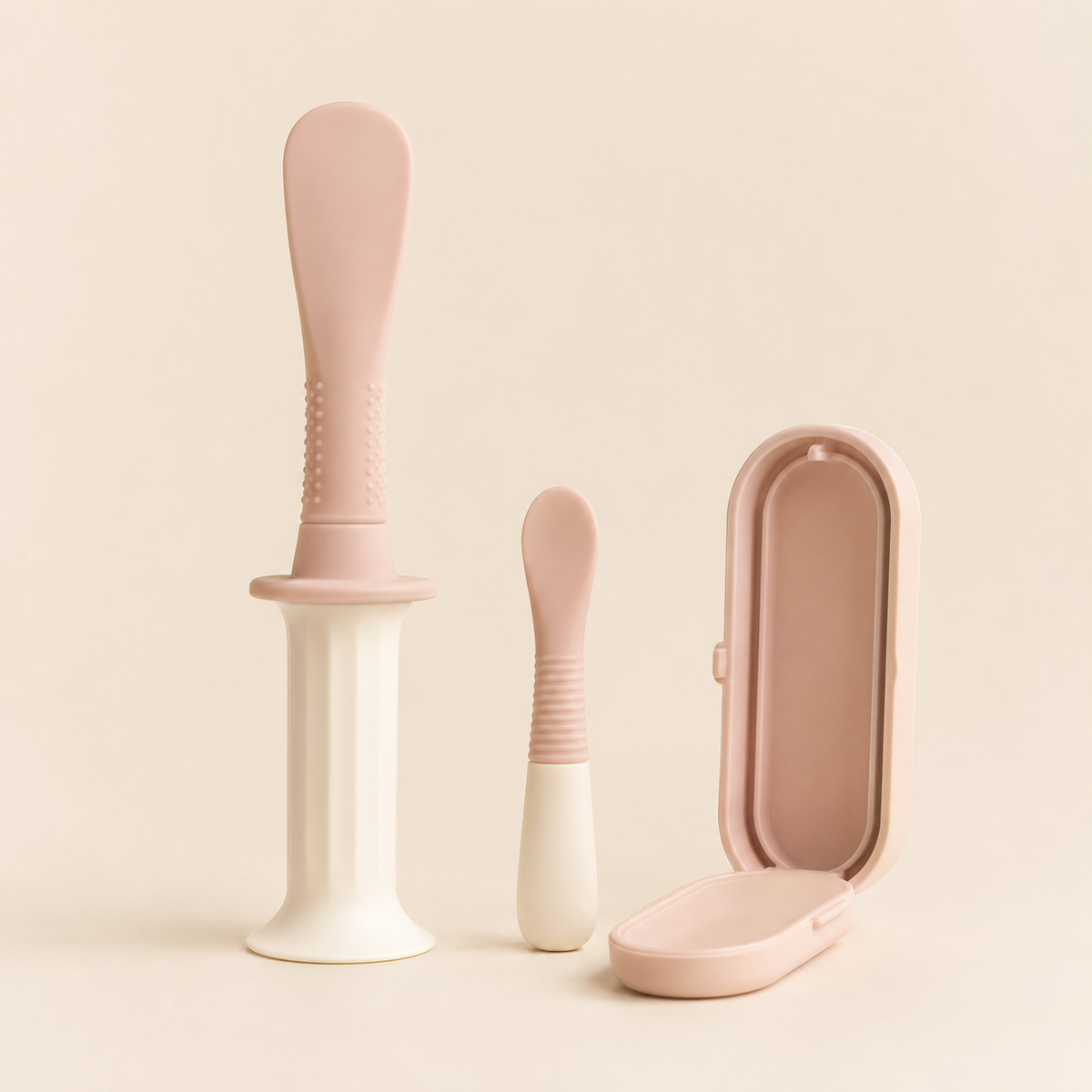 Full-size and mini blush silicone diaper cream applicators with travel case