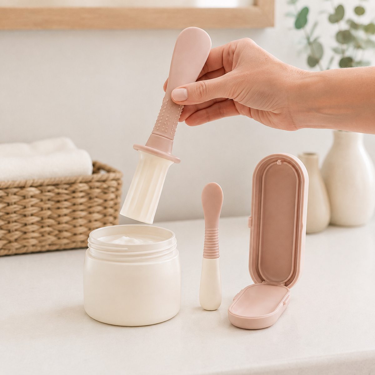 Adult hand using the full-size applicator above a diaper cream jar on a changing counter