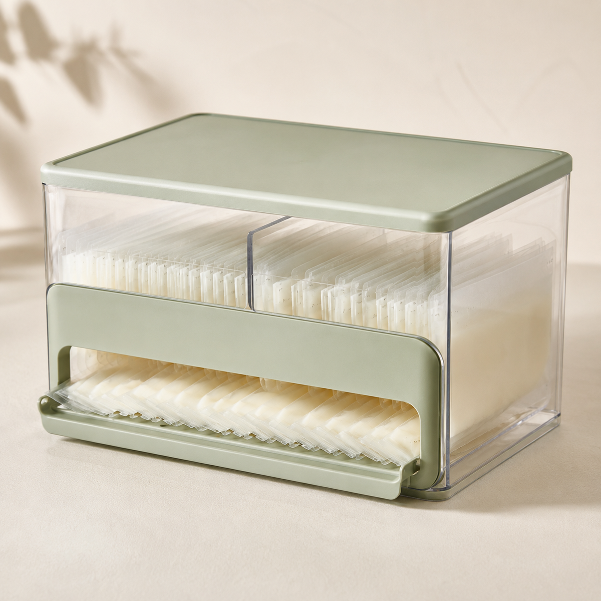 Close-up of freezer organizer front access divider and stackable lid