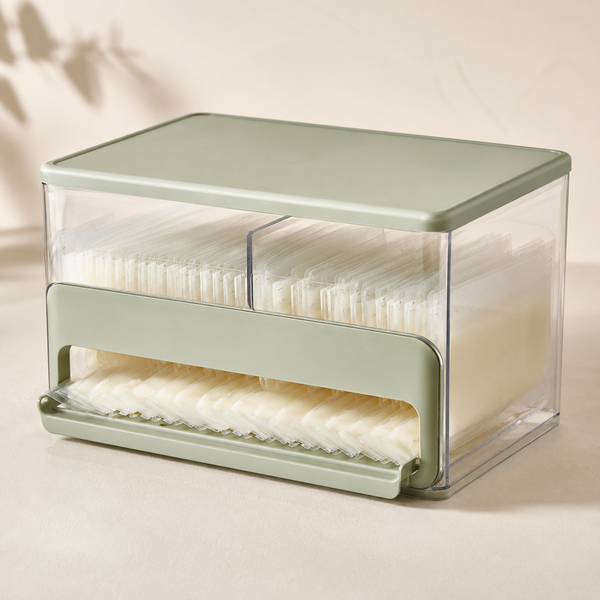 Close-up of freezer organizer front access divider and stackable lid