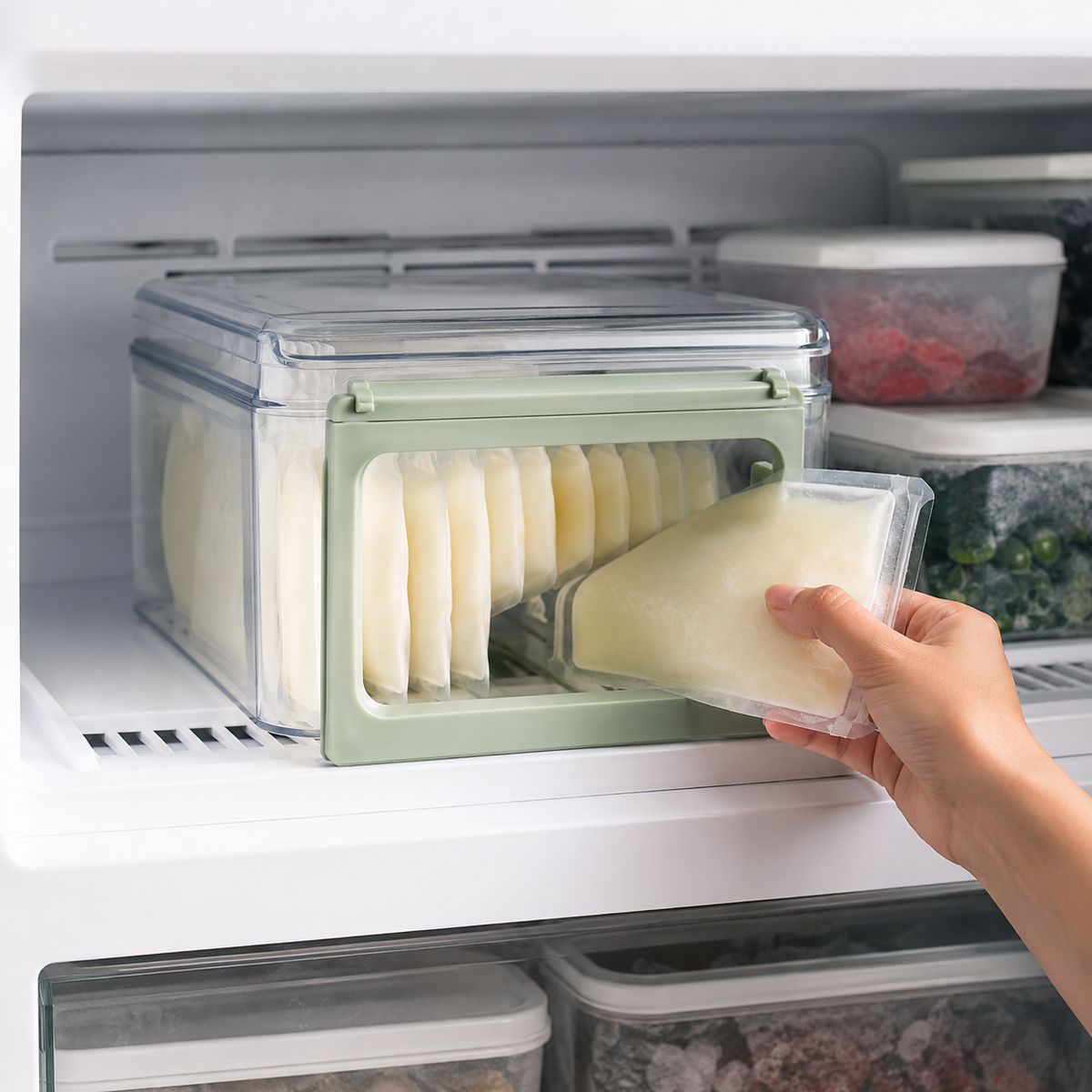 Breast milk storage bags organized oldest-first in a freezer bin