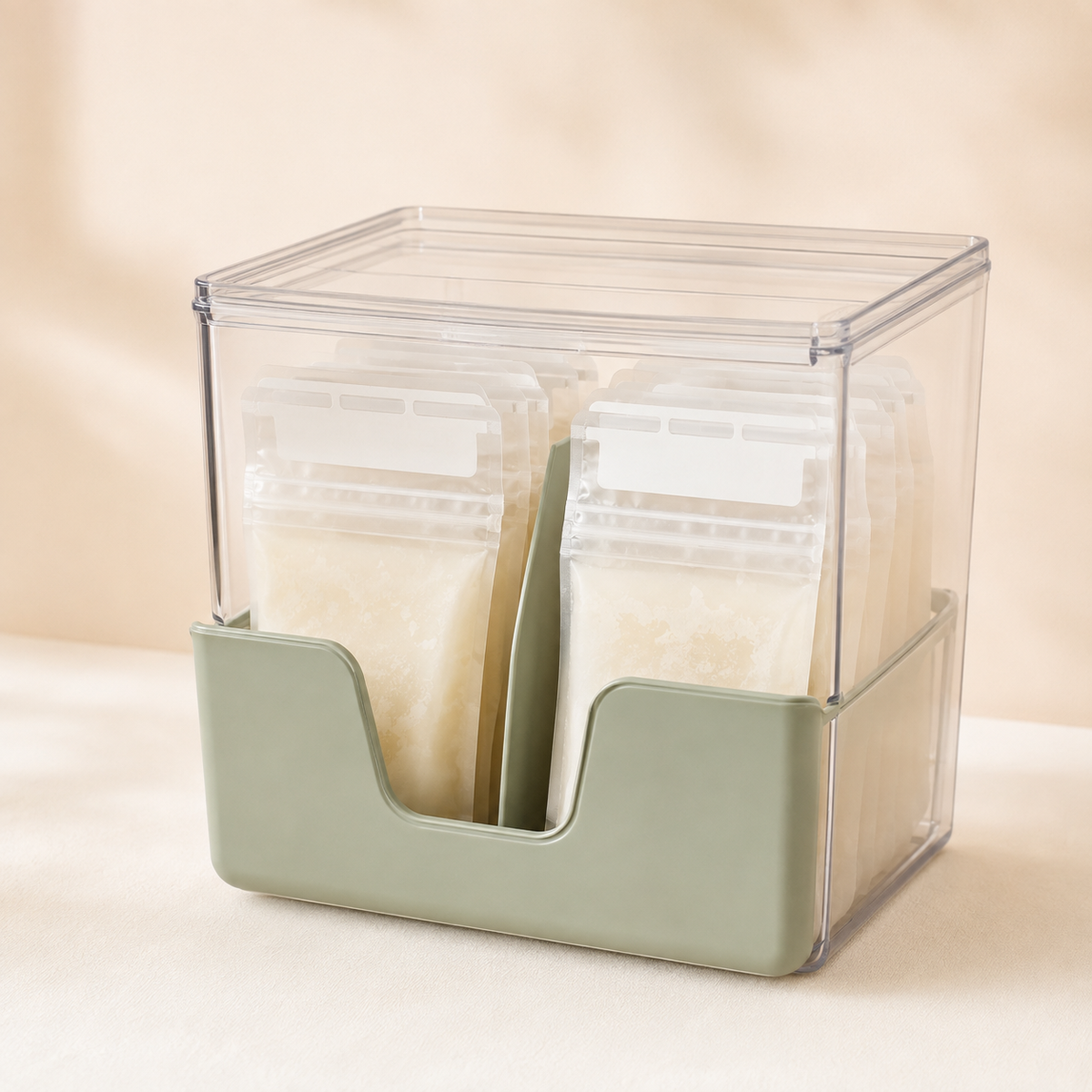 Clear first-in first-out milk freezer organizer with sage front access