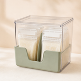 Clear first-in first-out milk freezer organizer with sage front access