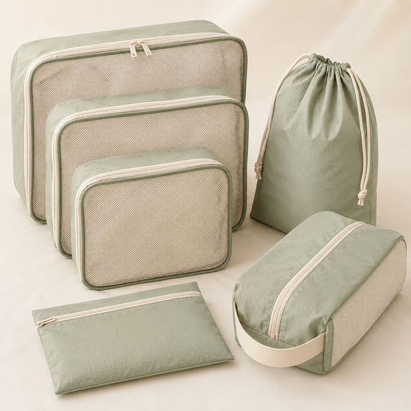 Six-piece sage and cream hospital bag packing cube set