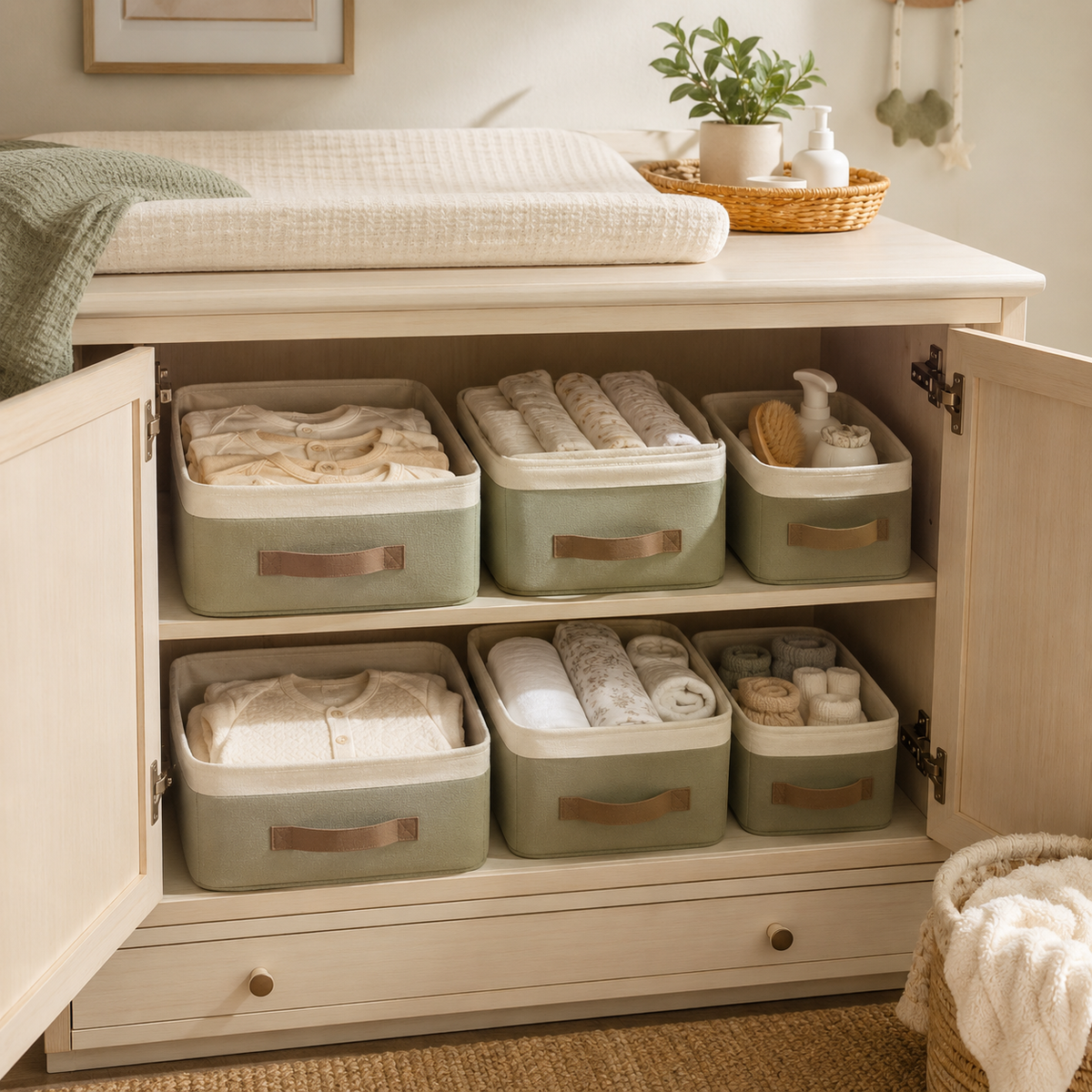 Hospital packing cubes reused for organized nursery storage