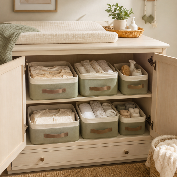 Hospital packing cubes reused for organized nursery storage