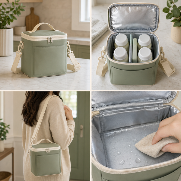 Sage insulated milk and bottle cooler bag with four capped bottles, silver lining, divider, ice pack and shoulder strap