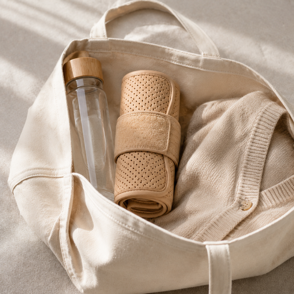 Maternity support band rolled neatly inside a tote bag