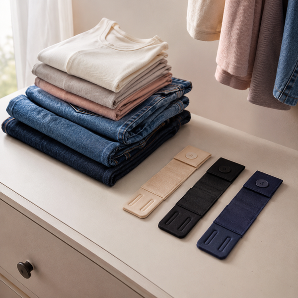Neutral maternity waist extenders beside folded jeans and tops