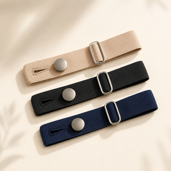 Three adjustable maternity pants waist extenders in beige black and navy
