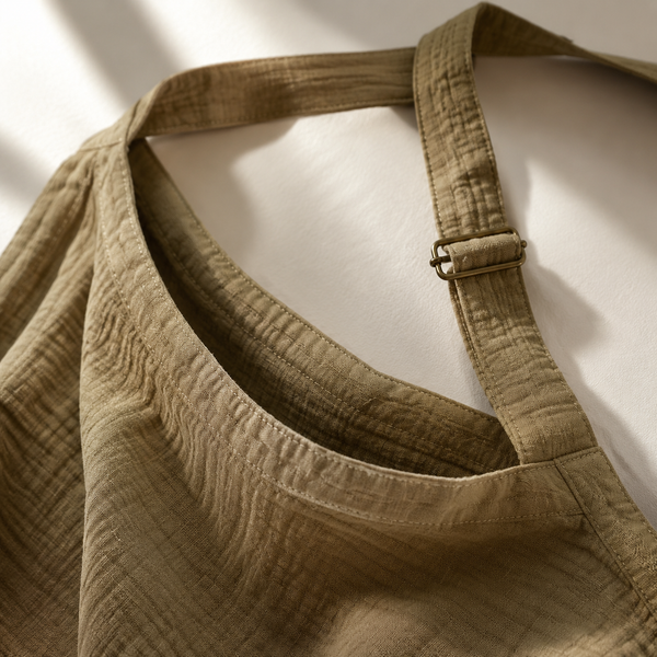 Close-up of muslin nursing cover neckline strap and breathable weave