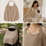 Khaki muslin nursing cover with adjustable open neckline