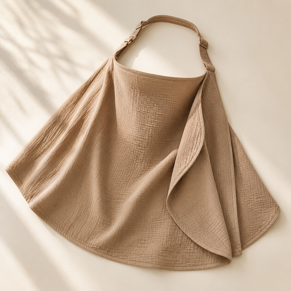 Warm khaki muslin nursing cover with adjustable strap and viewing neckline