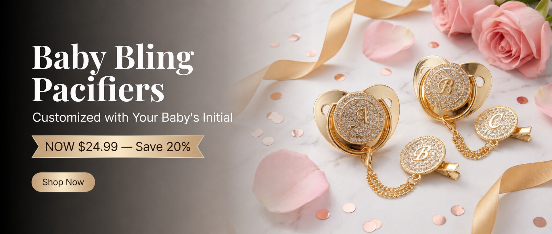  Gold baby bling pacifiers – 20% off