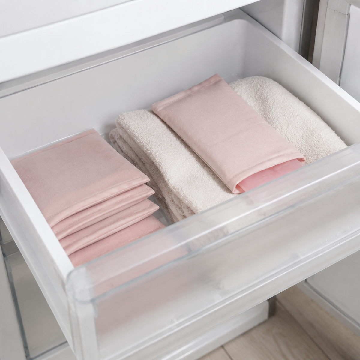 Reusable blush cooling pad stored neatly in a freezer drawer