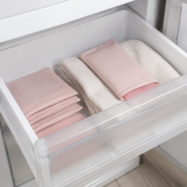 Reusable blush cooling pad stored neatly in a freezer drawer
