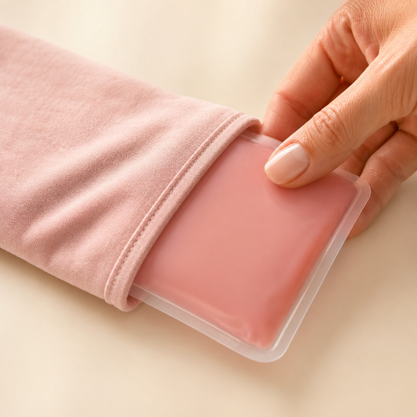 Flexible cooling pad sliding into its washable cotton sleeve