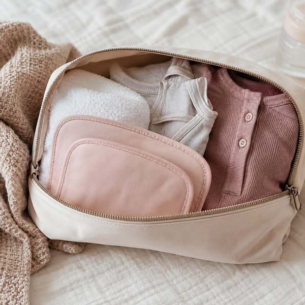 Cooling pad set packed in a neutral postpartum hospital bag