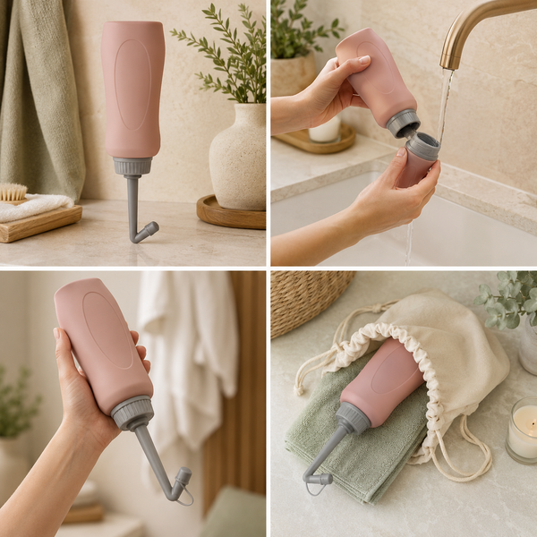 Blush pink postpartum peri rinse bottle with angled gray nozzle and travel pouch