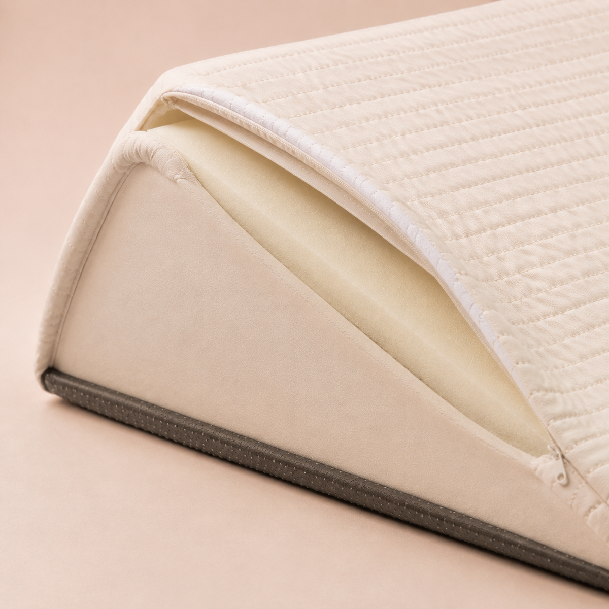 Unzipped quilted cover revealing foam core and non-slip base