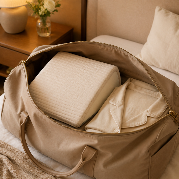 Compact maternity wedge packed in a weekender bag