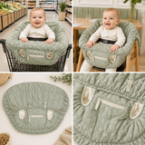Sage quilted shopping cart and restaurant high chair cover with elastic edge, padded leg openings, toy loops and front pocket