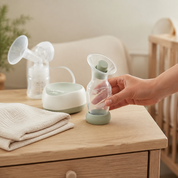 Silicone breast milk collector beside a breast pump on a nursery table