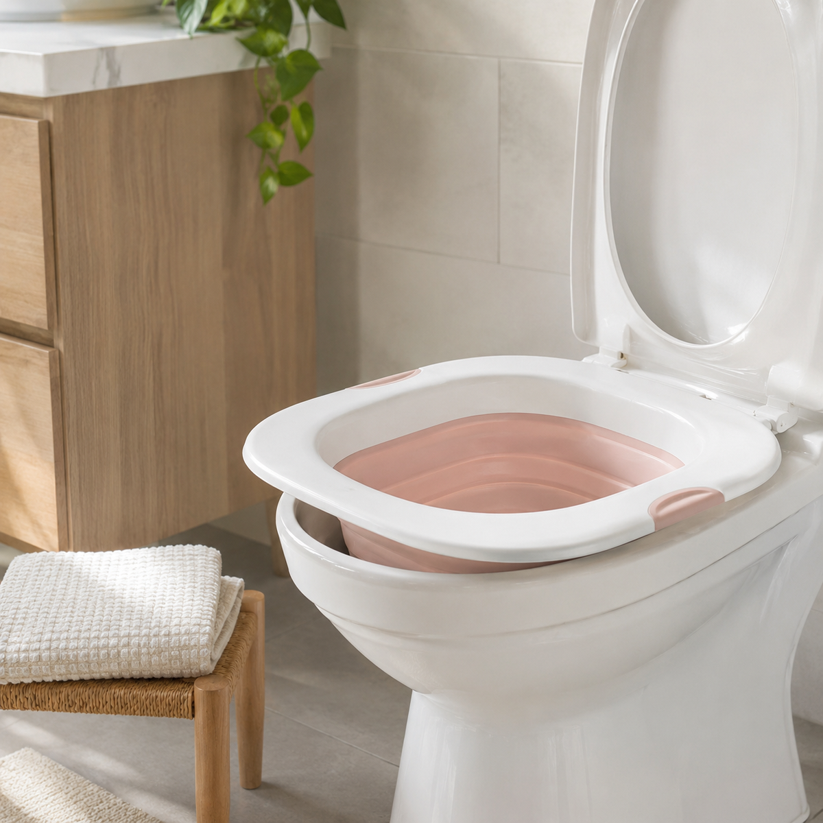 Collapsible sitz bath positioned over a clean standard toilet