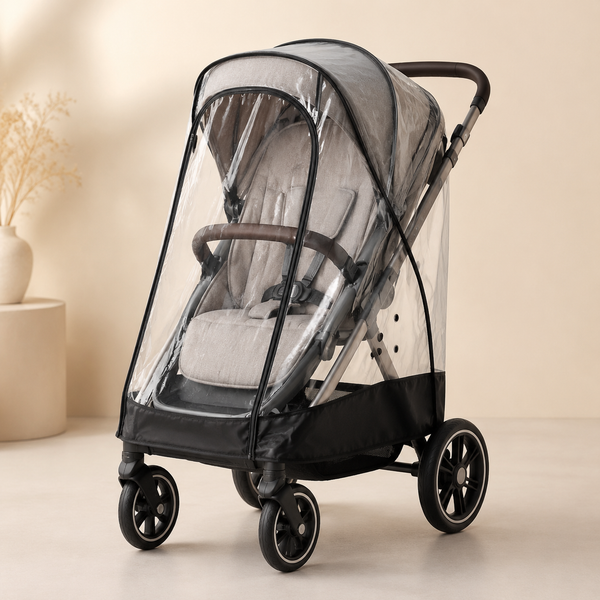 Universal clear rain and wind cover installed on an empty single stroller
