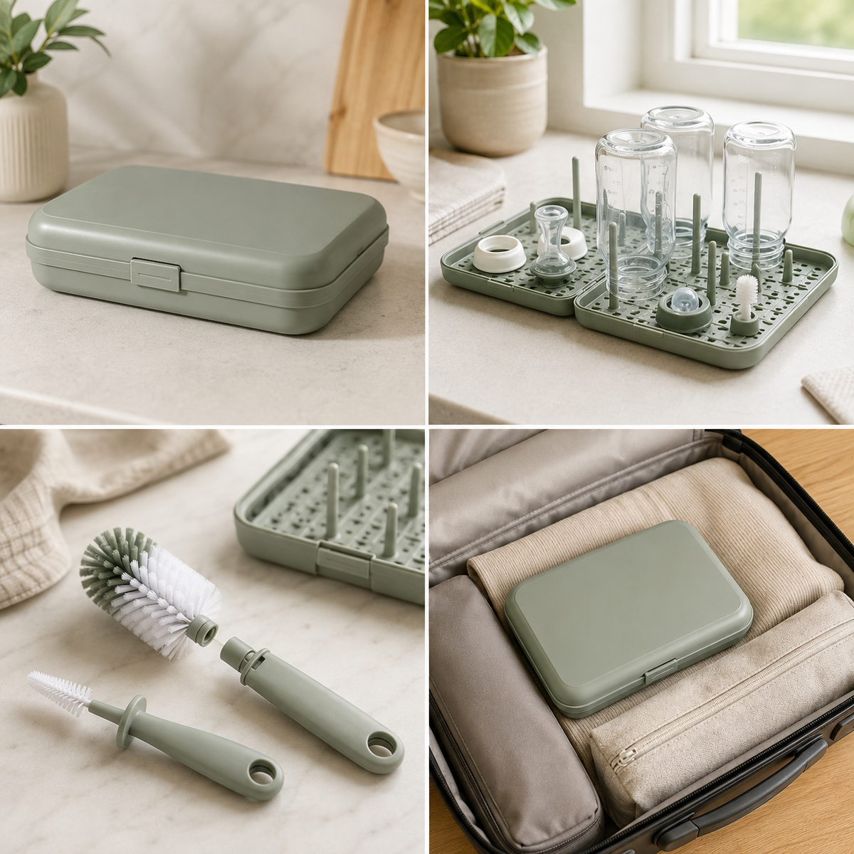 Compact sage folding baby bottle drying rack case with removable pegs and cleaning brushes