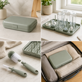 Compact sage folding baby bottle drying rack case with removable pegs and cleaning brushes