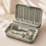 Foldable sage gray bottle drying rack and complete brush kit in open case