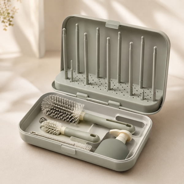 Foldable sage gray bottle drying rack and complete brush kit in open case