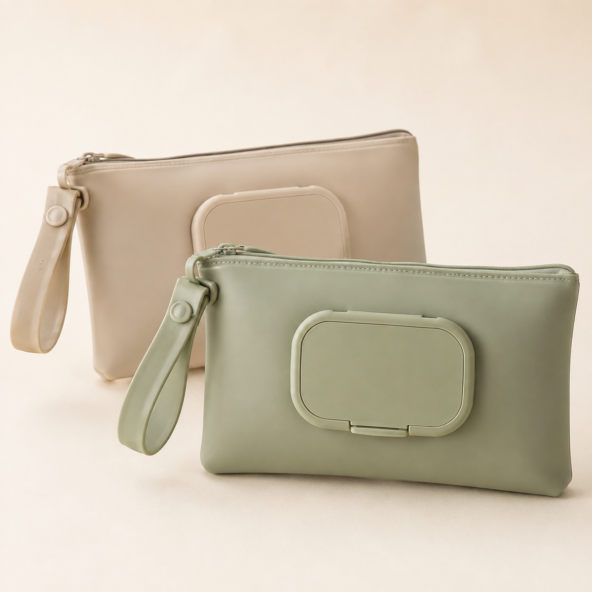Sage and warm beige refillable travel wipes pouches