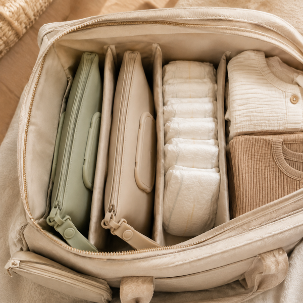 Slim wipes pouches packed in a diaper bag and car organizer