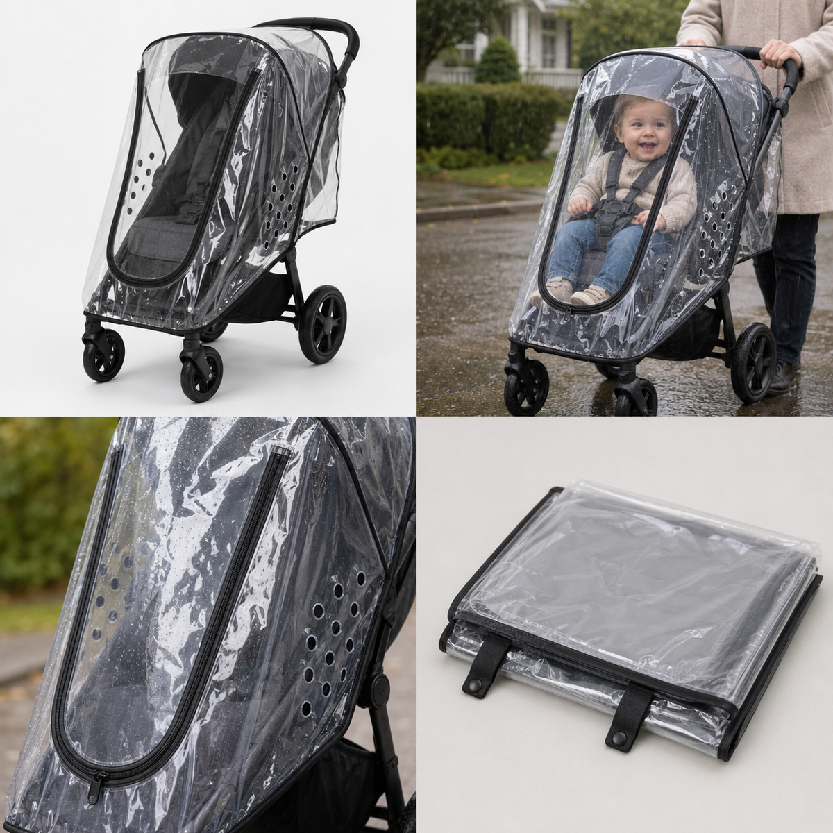Clear universal single stroller weather cover with black U-shaped zipper and side ventilation