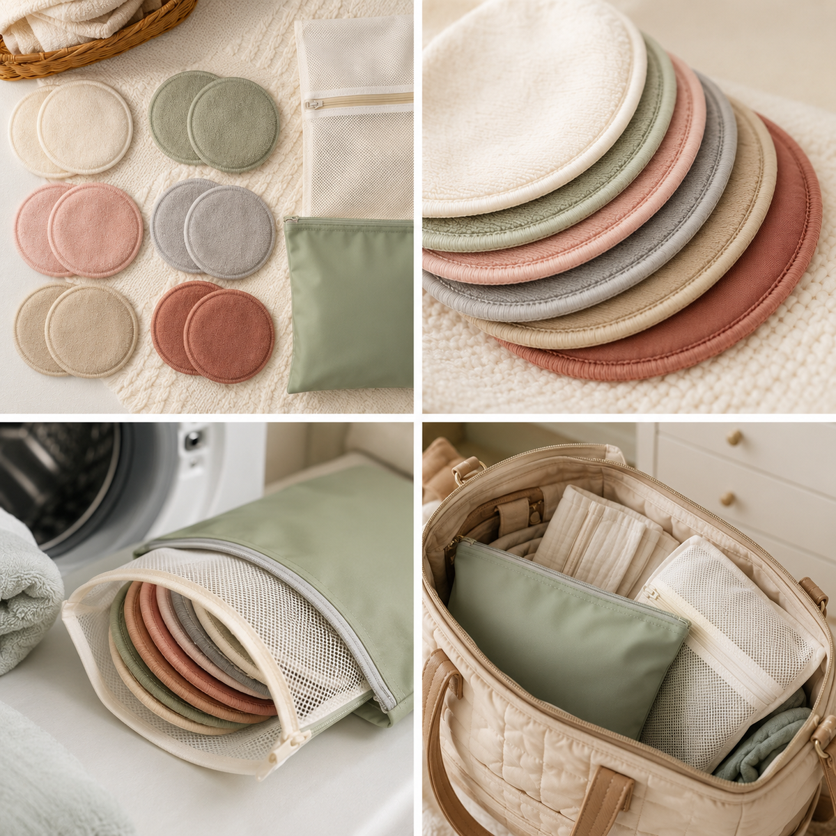 Twelve washable contoured nursing pads with mesh wash bag and waterproof pouch
