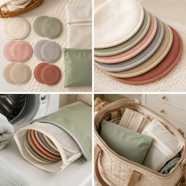 Twelve washable contoured nursing pads with mesh wash bag and waterproof pouch