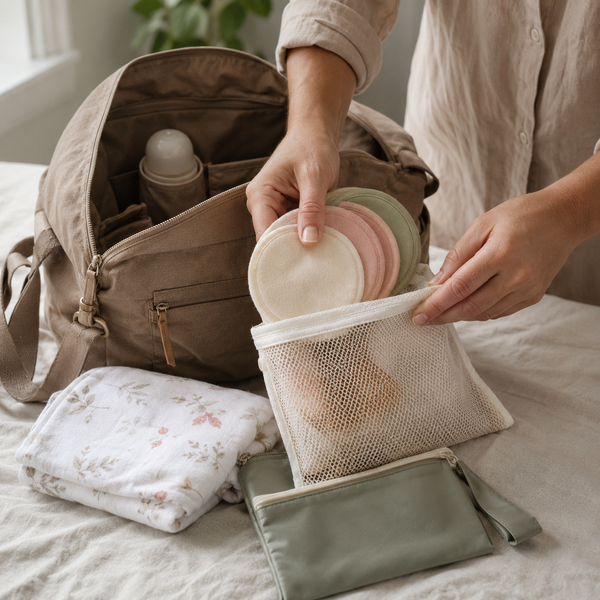 Reusable nursing pads packed into a mesh pouch beside a diaper bag