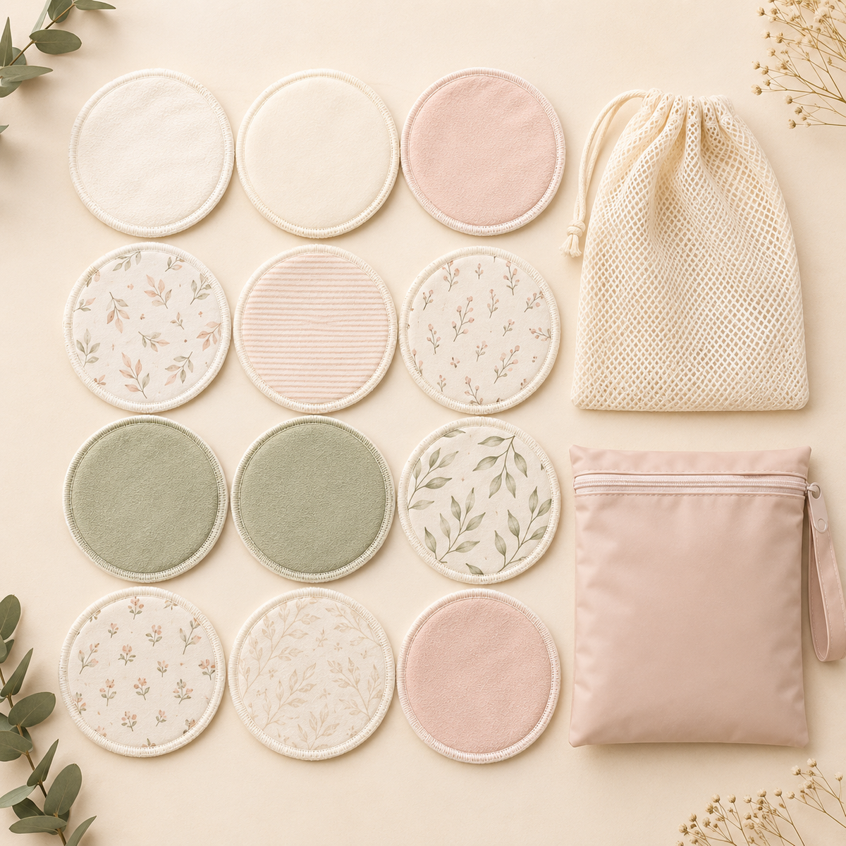 Complete 12-piece washable nursing pad set with laundry and wet bags