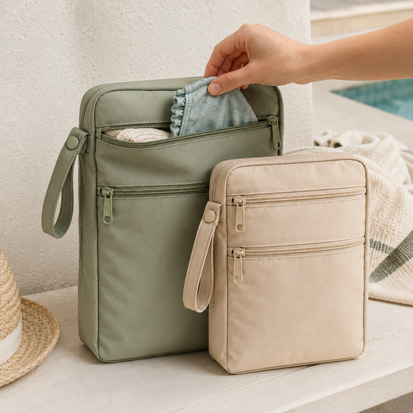 Wet and dry bags organized inside a modern diaper bag